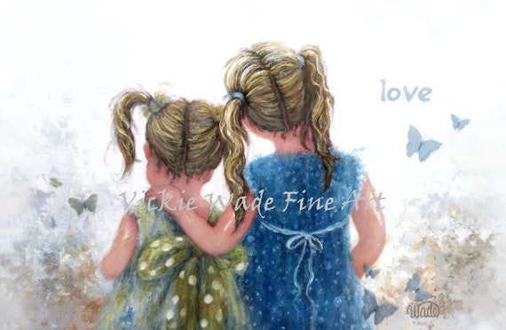 Two Sisters Blondes Art Print Two Blonde Girls Two Daughters Sister Love And Butterflies Blonde And Brunette Pigtails Vickie Wade Art
