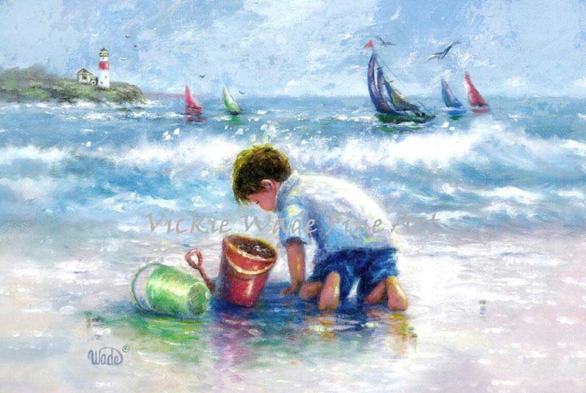Little Boy Playing in the Surf with Colorful Sand Buckets Poster