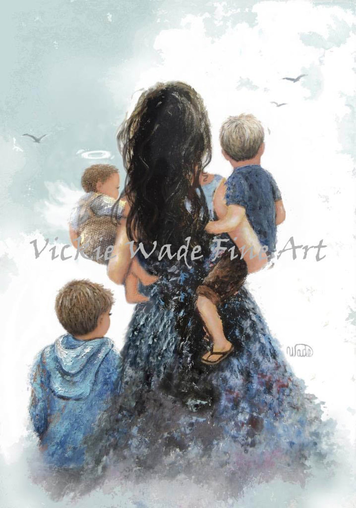 Mother With Three Sons Including a Guardian Angel Baby Art Print