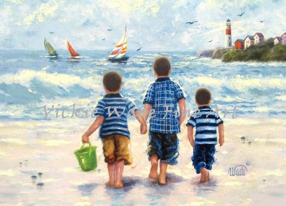 Three Beach Boys Art Print Three Brothers Beach Wall Art Boys Room Beach Art Sailboats Lighthouse Ocean Little Boys Wade Art