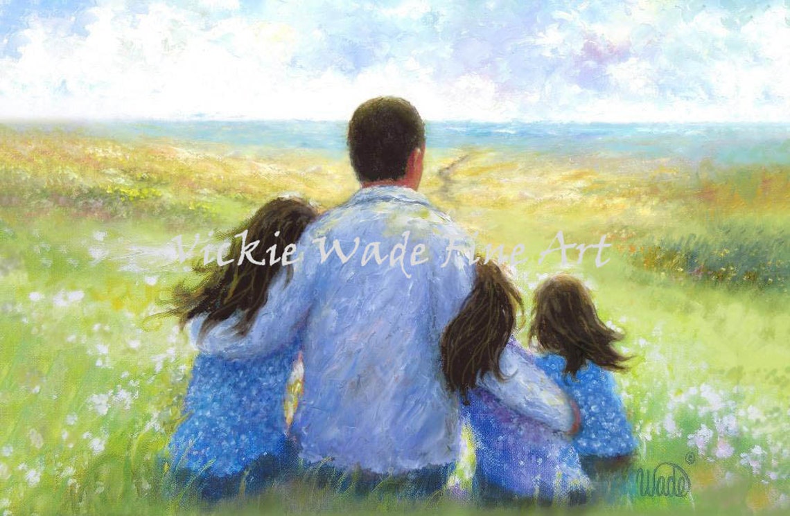 Father With Three Daughters Looking Out Over The Calm Sea Poster