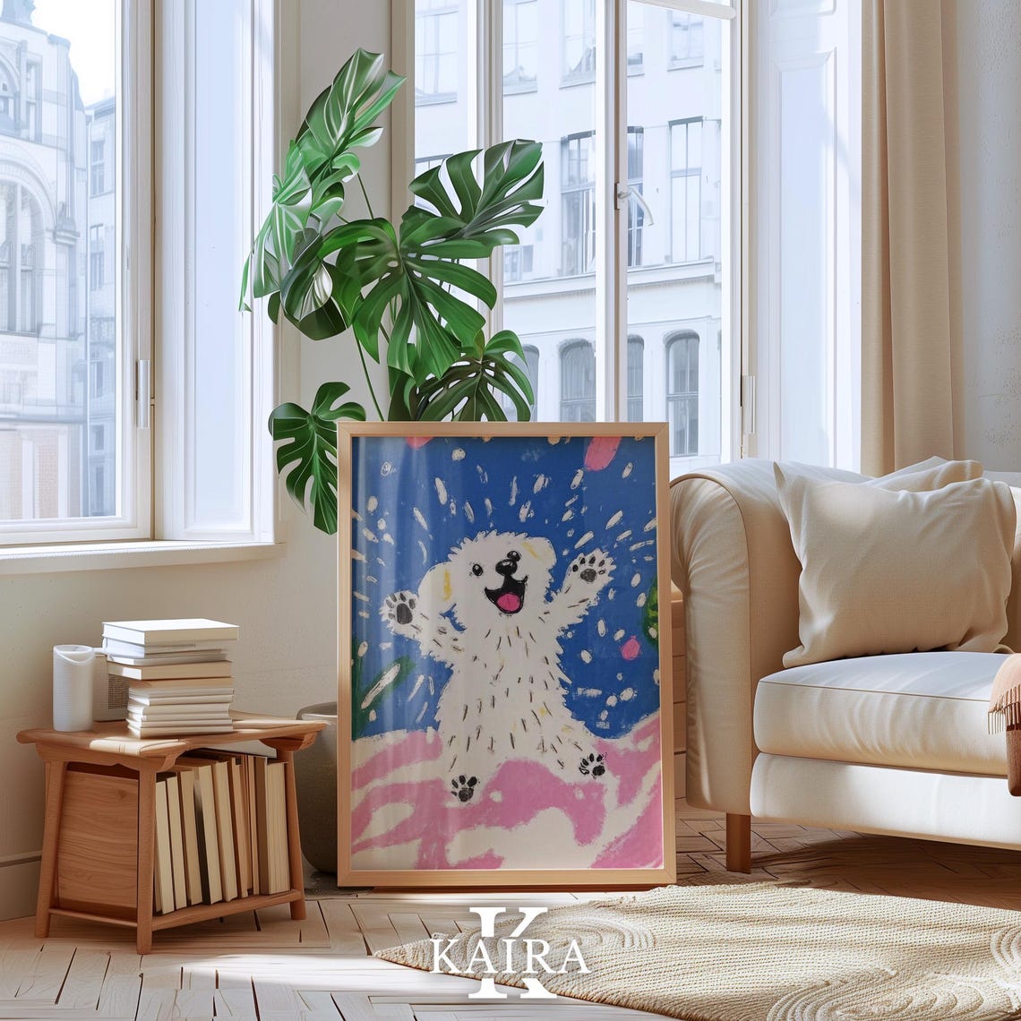 Excited White Puppy Jumping Joyfully In Pink And Blue Snow Poster - Image 4
