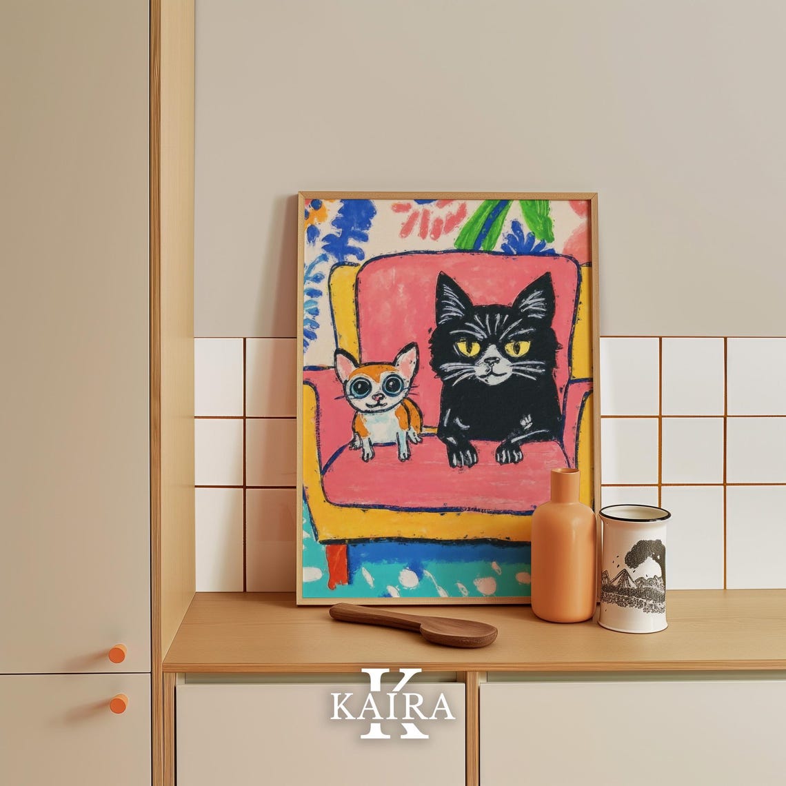 Black Cat and Chihuahua Sharing a Pink Couch Whimsical Poster - Image 5
