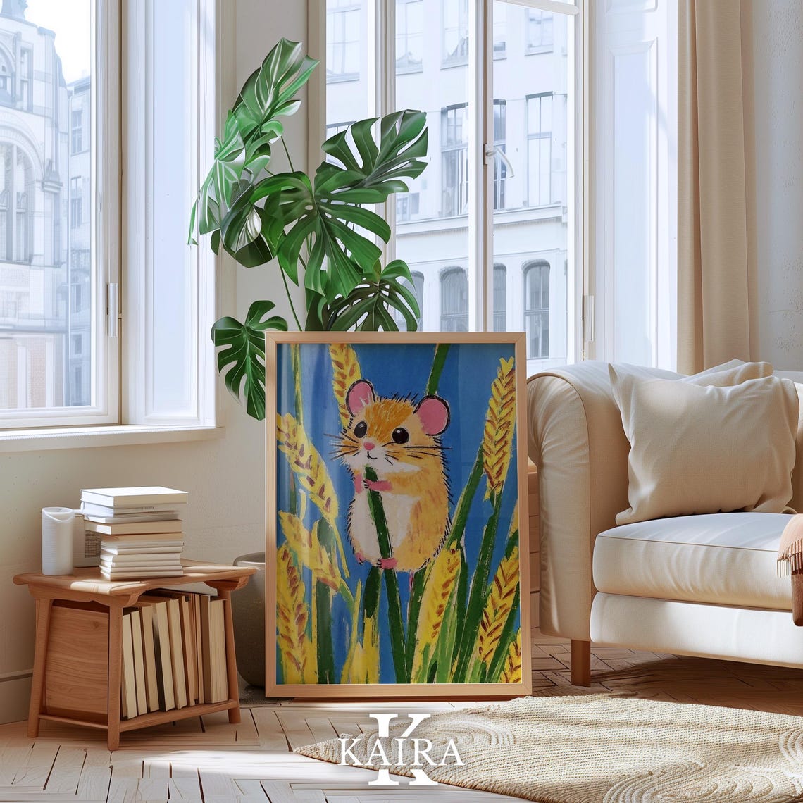 Golden Hamster Climbing a Wheat Stem in a Sunny Blue Field Poster - Image 4
