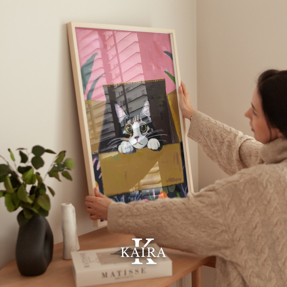 Wide Eyed Calico Kitten Peeking Out Of A Cardboard Box Cute Art Poster - Image 4