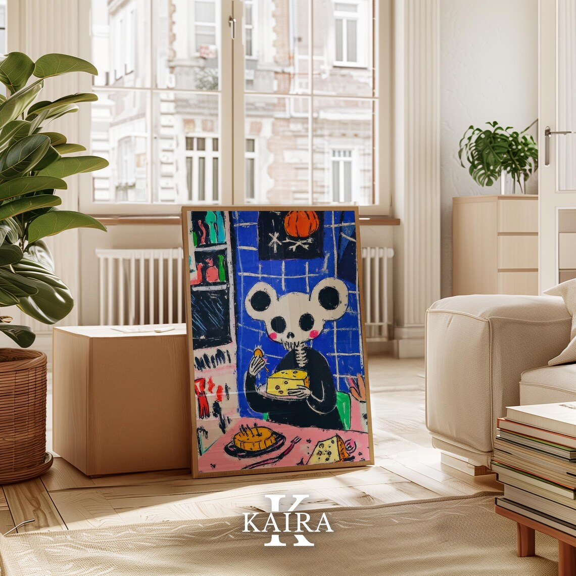 Cute Skeleton Mouse Enjoying Cheese In A Spooky Kitchen At Night Poster - Image 3