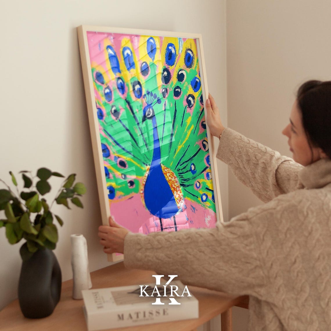 Vibrant Peacock Displaying His Colorful Fanned Tail on Pink Poster - Image 2