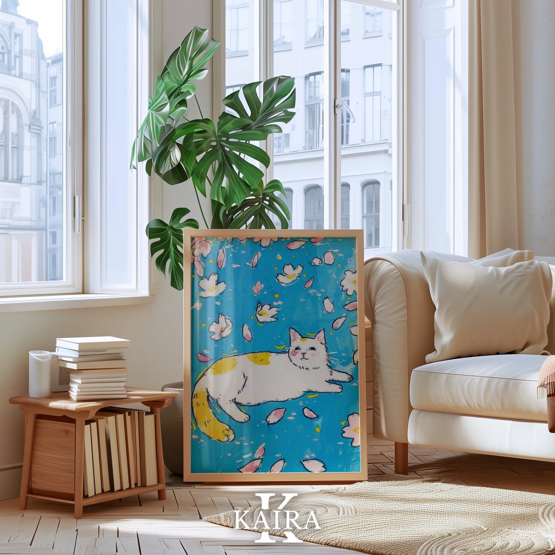 Happy Spotted White Cat Lounging Among Falling Blossom Petals Poster - Image 5