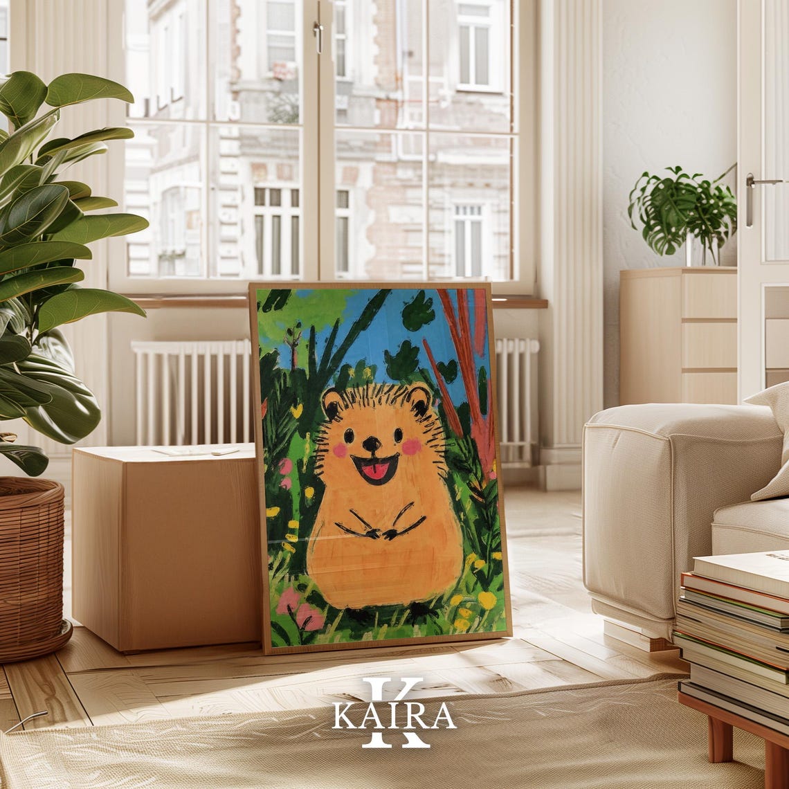 Happy Tan Hedgehog Smiling in a Lush Green Flower Garden Poster - Image 3