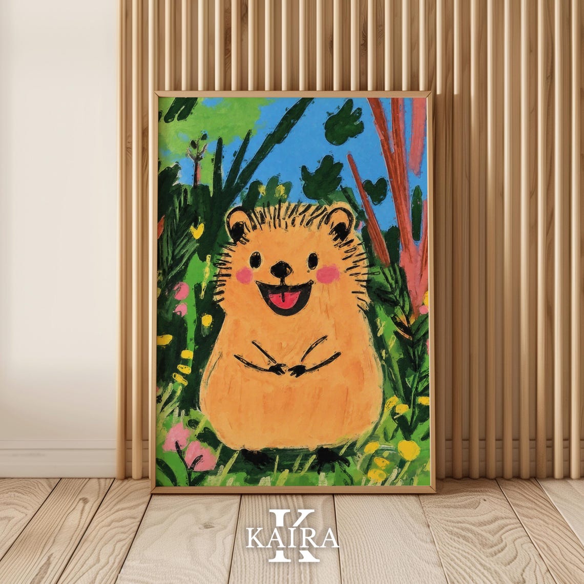Happy Tan Hedgehog Smiling in a Lush Green Flower Garden Poster - Image 5