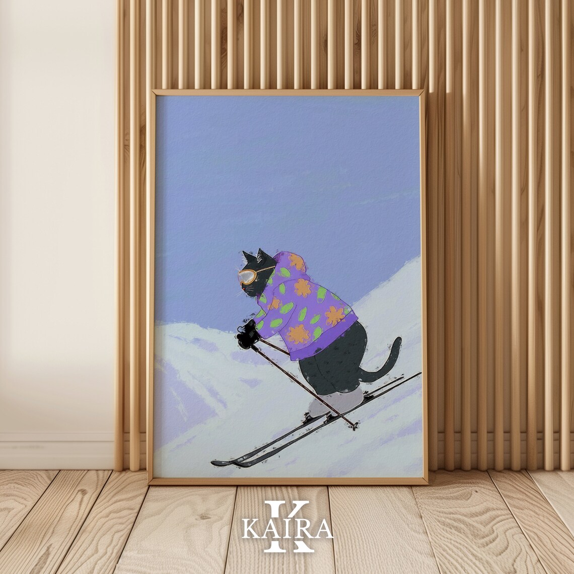 Black Cat Skiing Downhill In Purple Floral Jacket Winter Sports Art Poster - Image 2