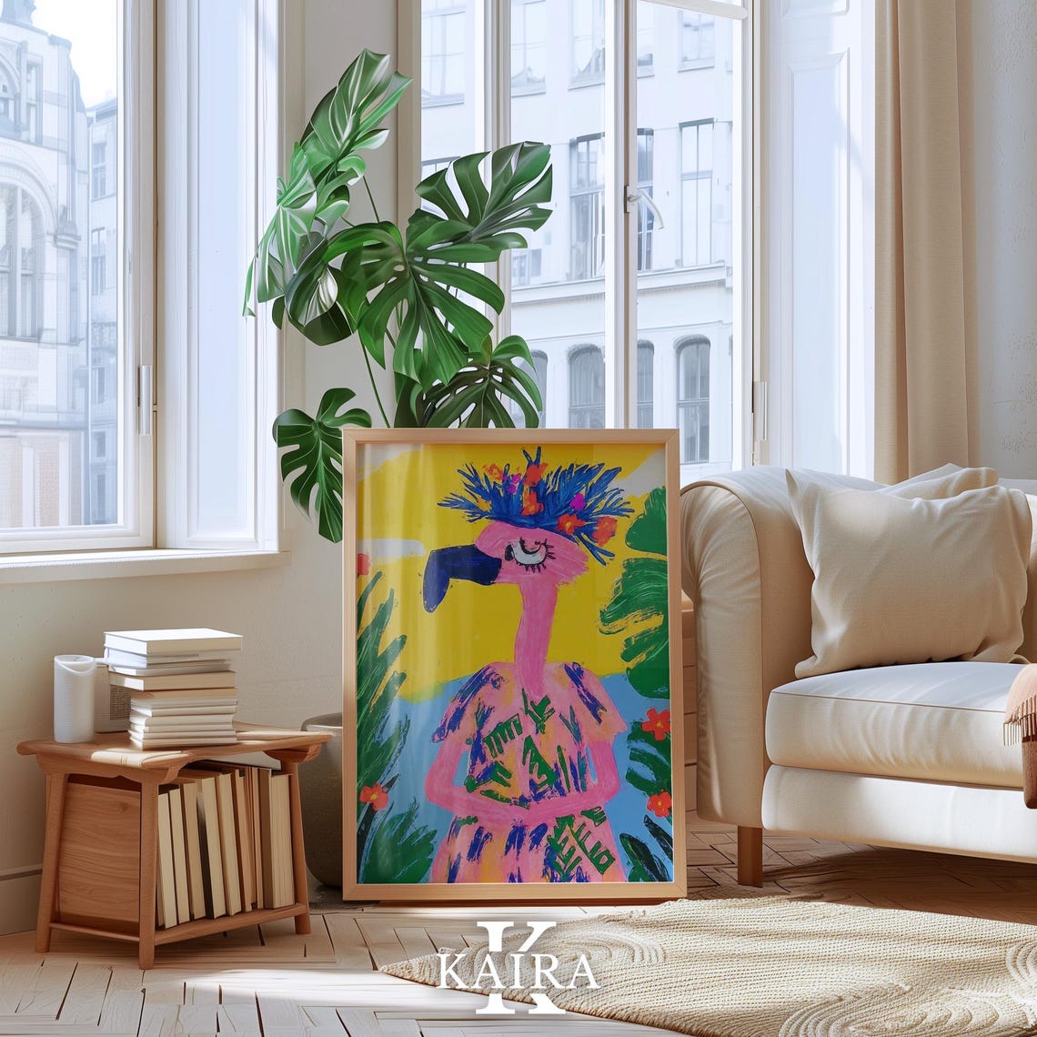 Pink Flamingo Wearing a Tropical Flower Crown on Yellow Poster - Image 5