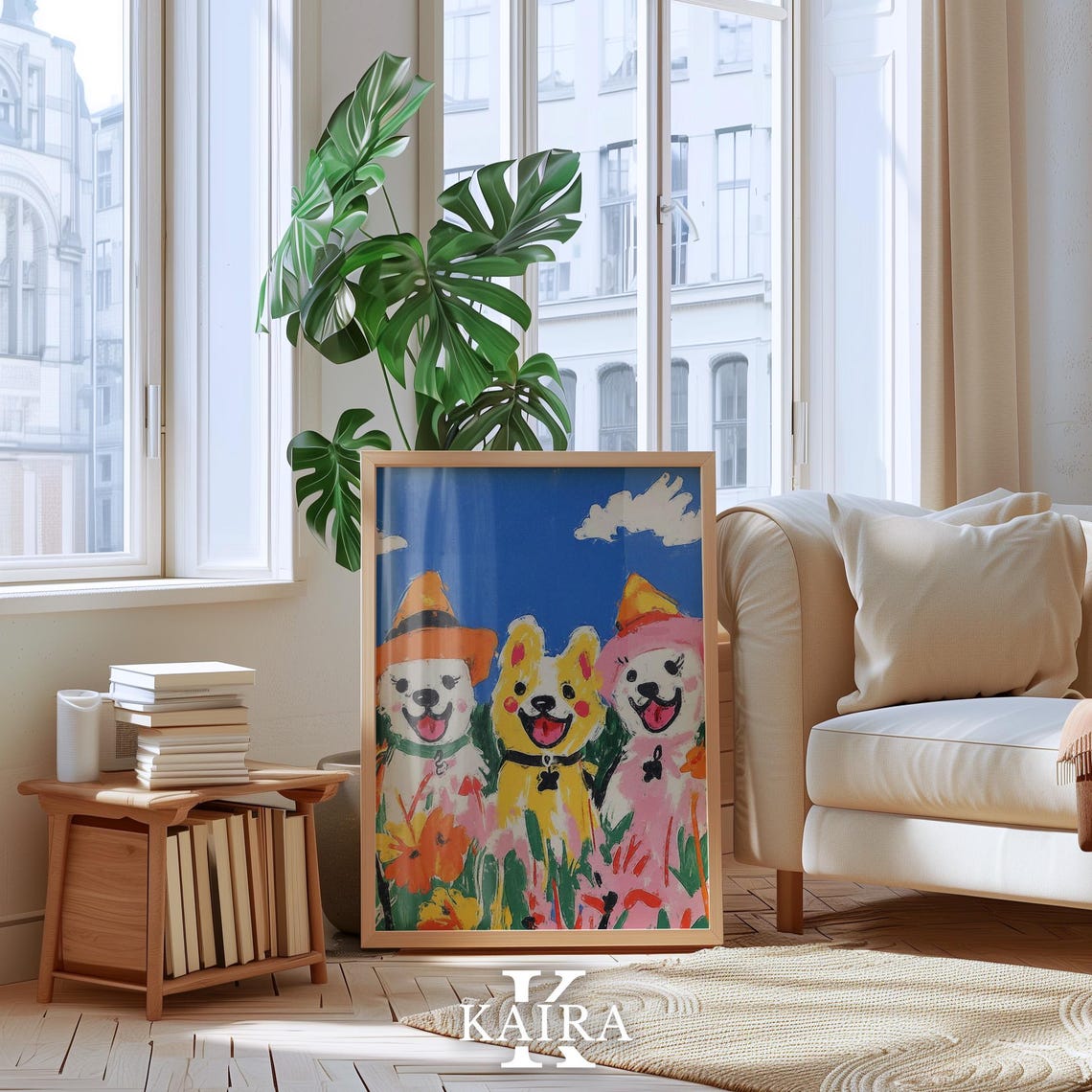 Three Happy Dogs Wearing Witch Hats in a Flower Meadow Poster