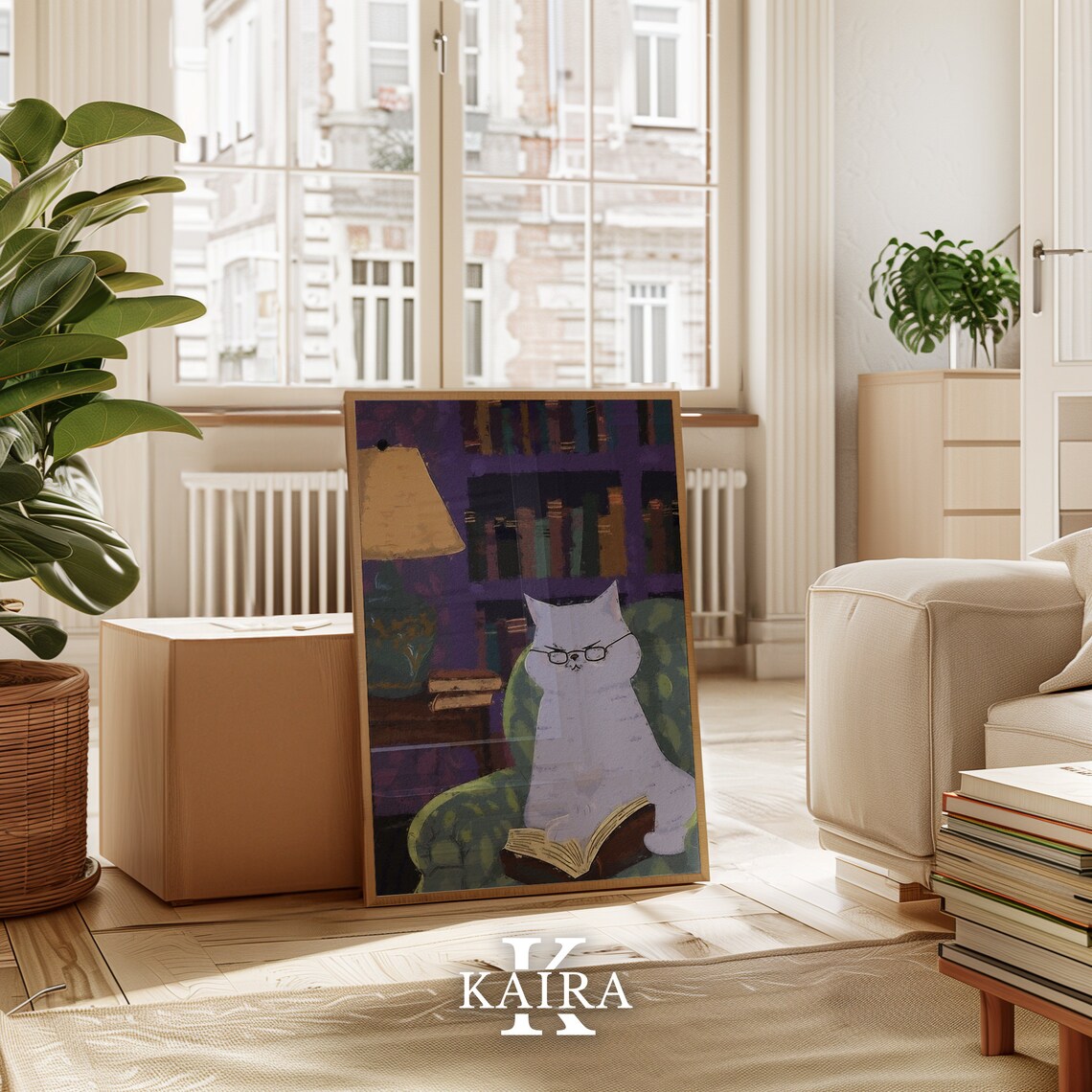 White Cat With Glasses Reading A Book In Armchair Cozy Library Art Poster - Image 4
