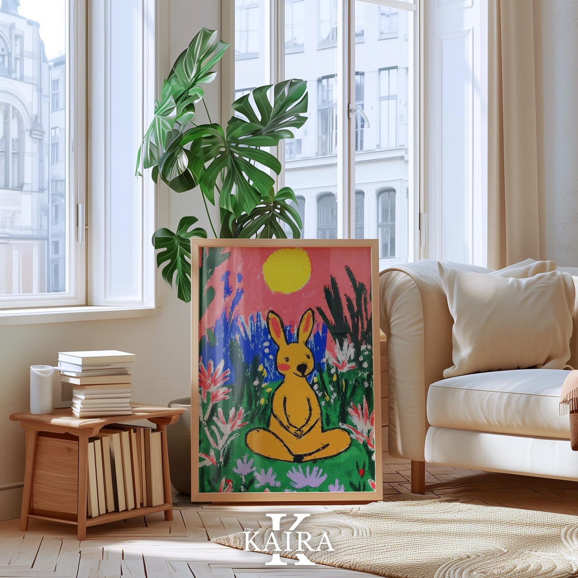 Meditating Yellow Rabbit in a Wildflower Field at Sunset Poster