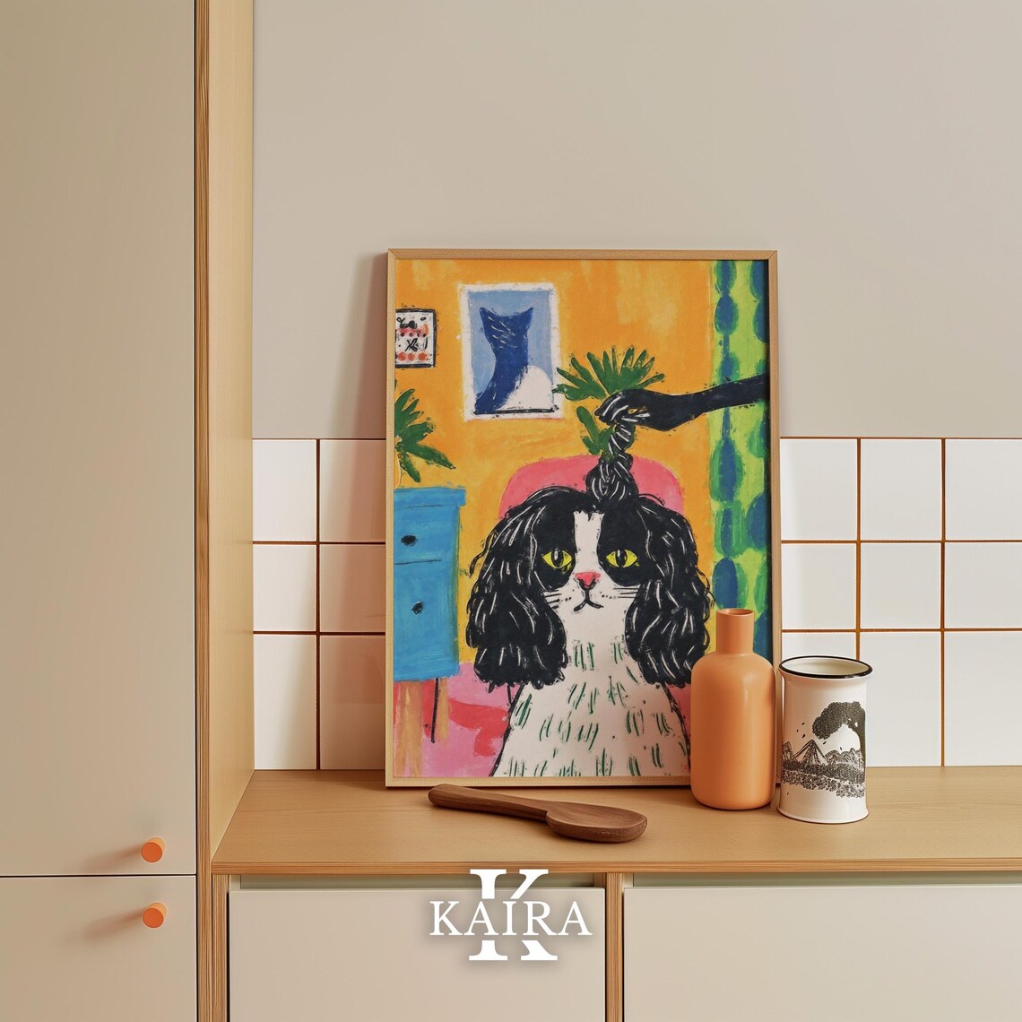 Black and White Dog With Yellow Eyes in a Colorful Room Poster - Image 5