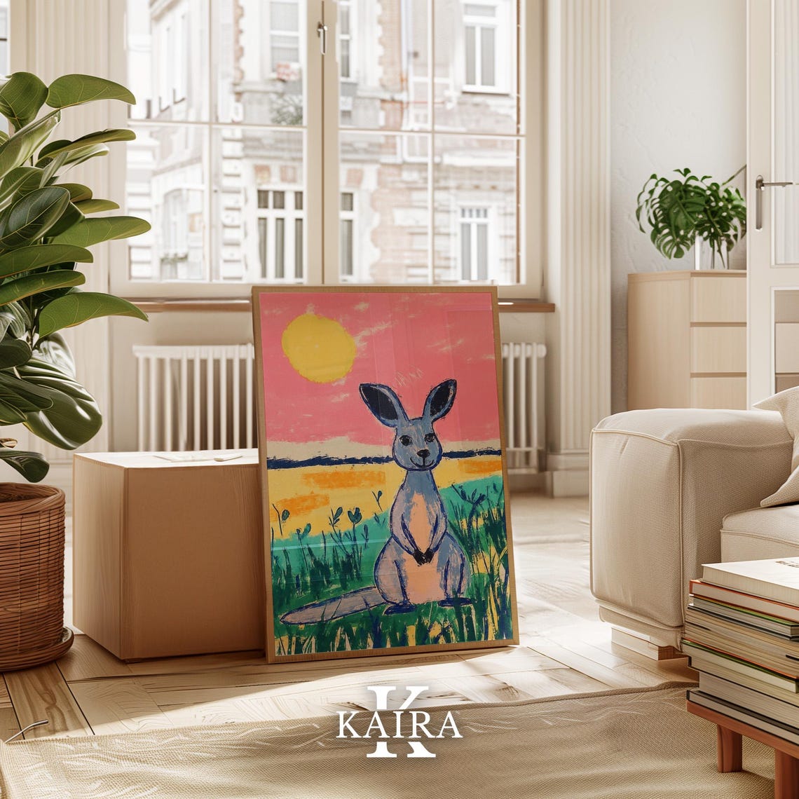 Smiling Blue Kangaroo Standing in Grass Under a Pink Sunset Poster - Image 3