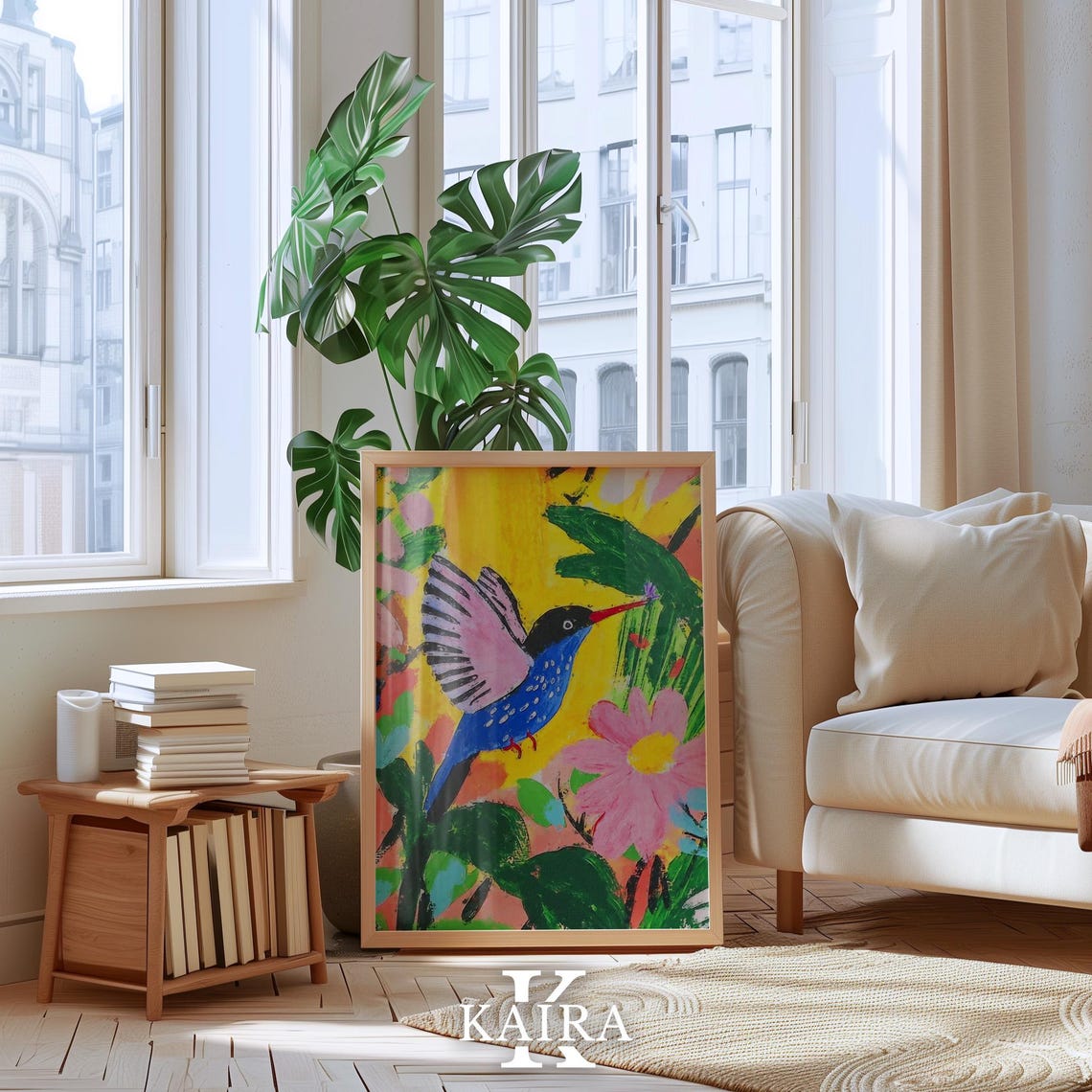 Vibrant Blue Hummingbird With Pink Wings Among Tropical Flowers Poster - Image 4