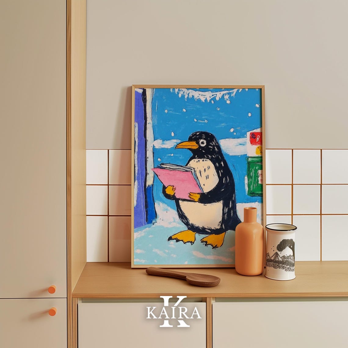 Cute Penguin Reading a Pink Book in Gently Falling Snow Poster - Image 4