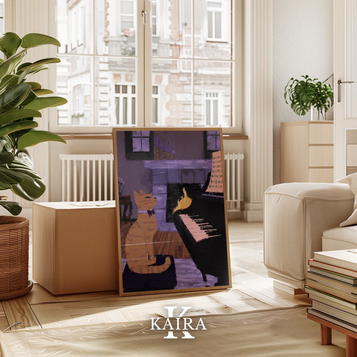 Ginger Cat In Bow Tie Playing Grand Piano By Fireplace Music Art Poster - Image 4