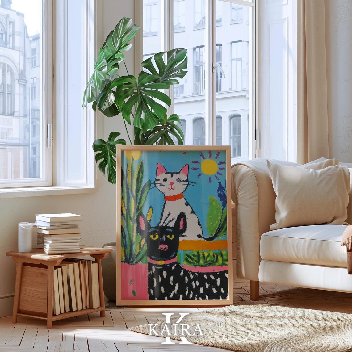 Spotted Black Dog and White Cat Under the Sun in a Garden Poster - Image 4