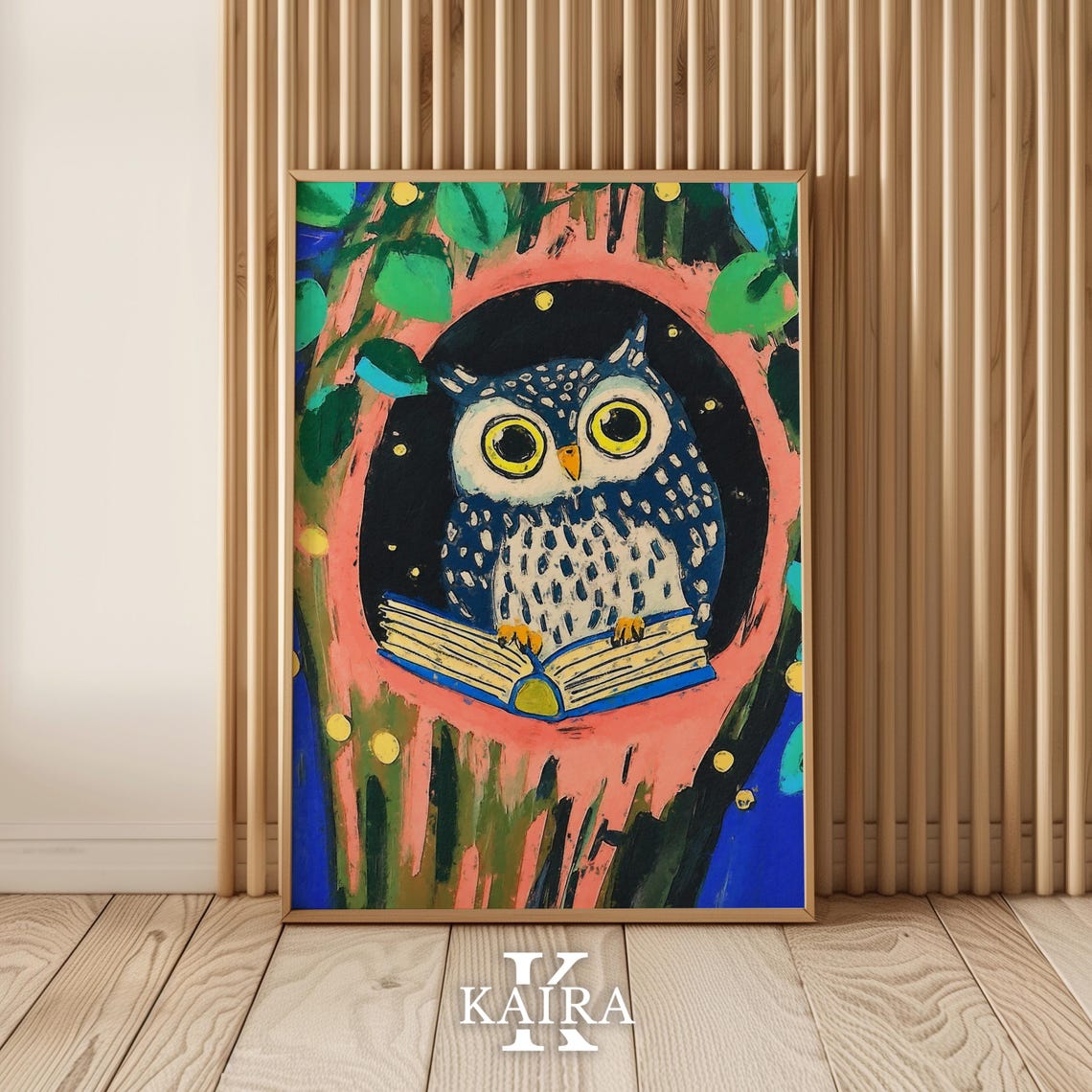 Wise Speckled Owl Reading A Book In A Tree Hollow At Night Poster