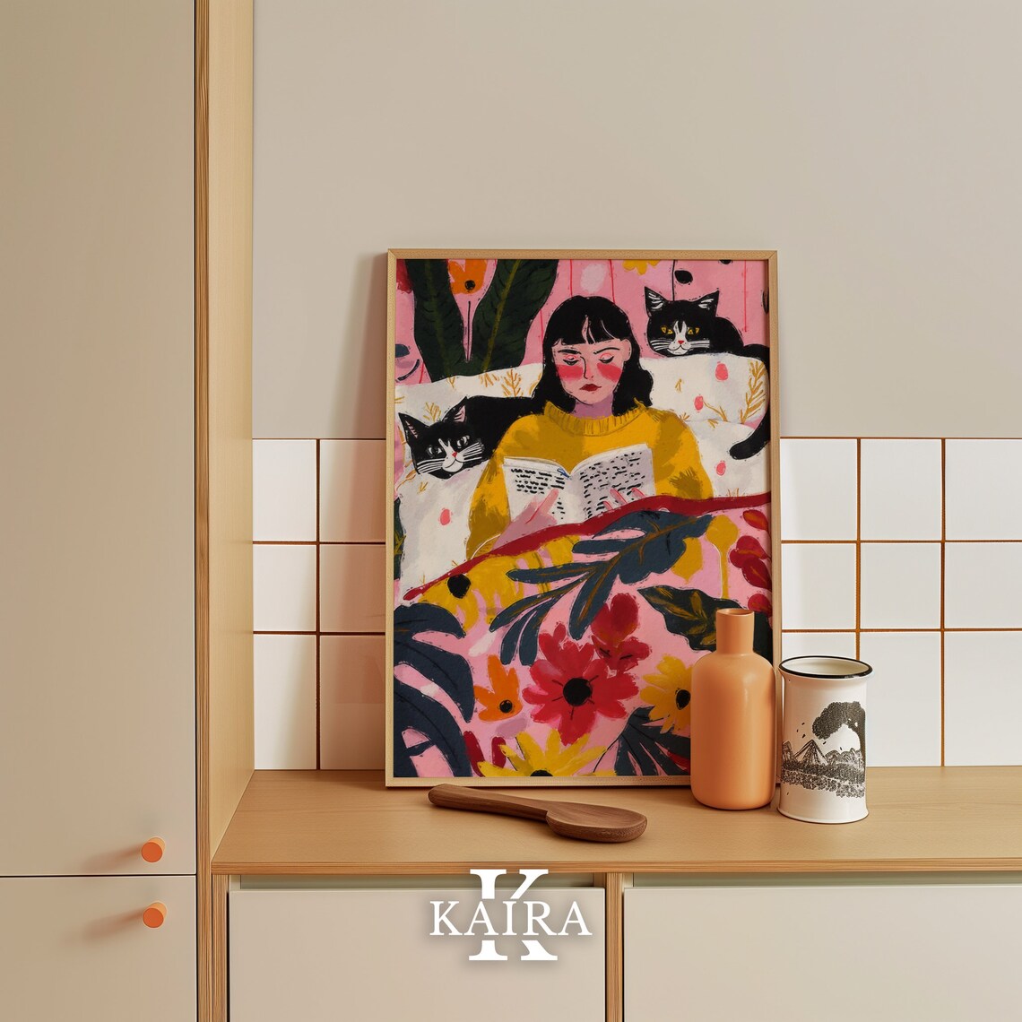 Cozy Woman Reading In Bed With Two Cats Floral Bedroom Art Poster - Image 5