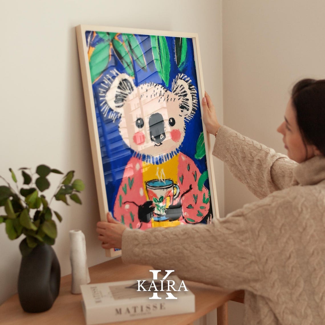 Cozy Koala Sipping Hot Tea in a Pink Knit Sweater at Night Poster - Image 2