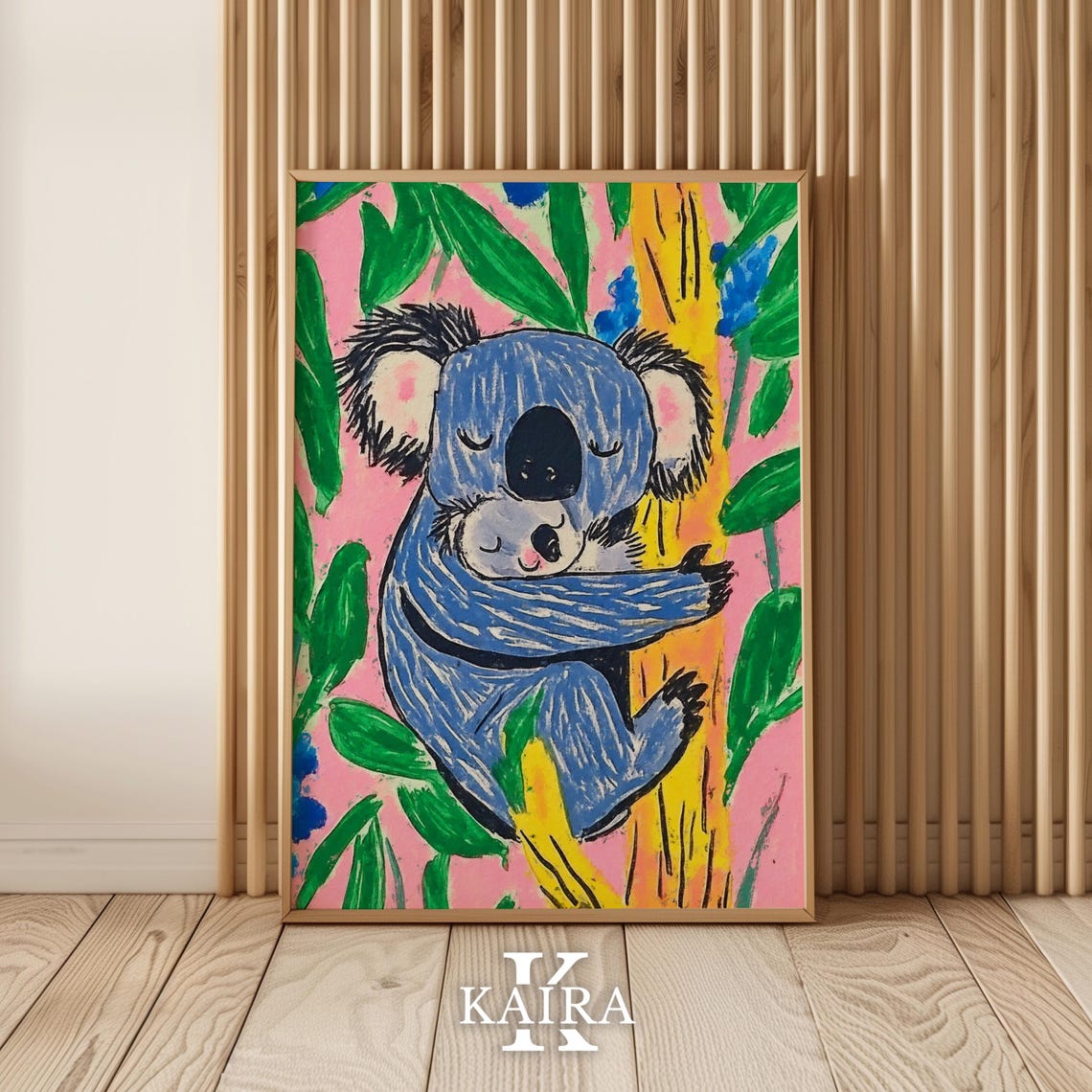 Blue Koala Mother Hugging Her Baby in a Flowering Tree Poster - Image 5