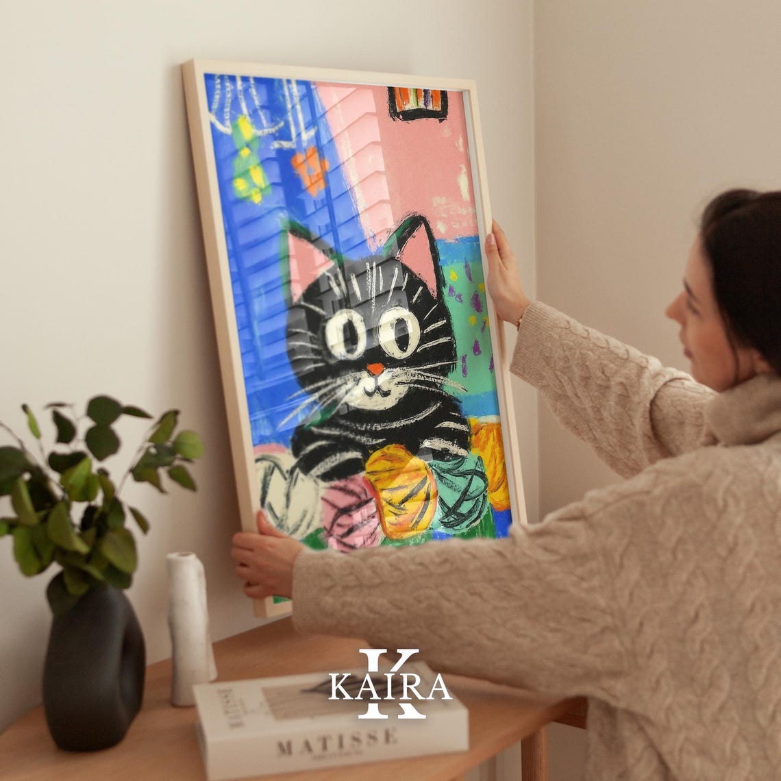 Black Cat With Big Eyes Playing With Colorful Yarn Balls Poster - Image 2