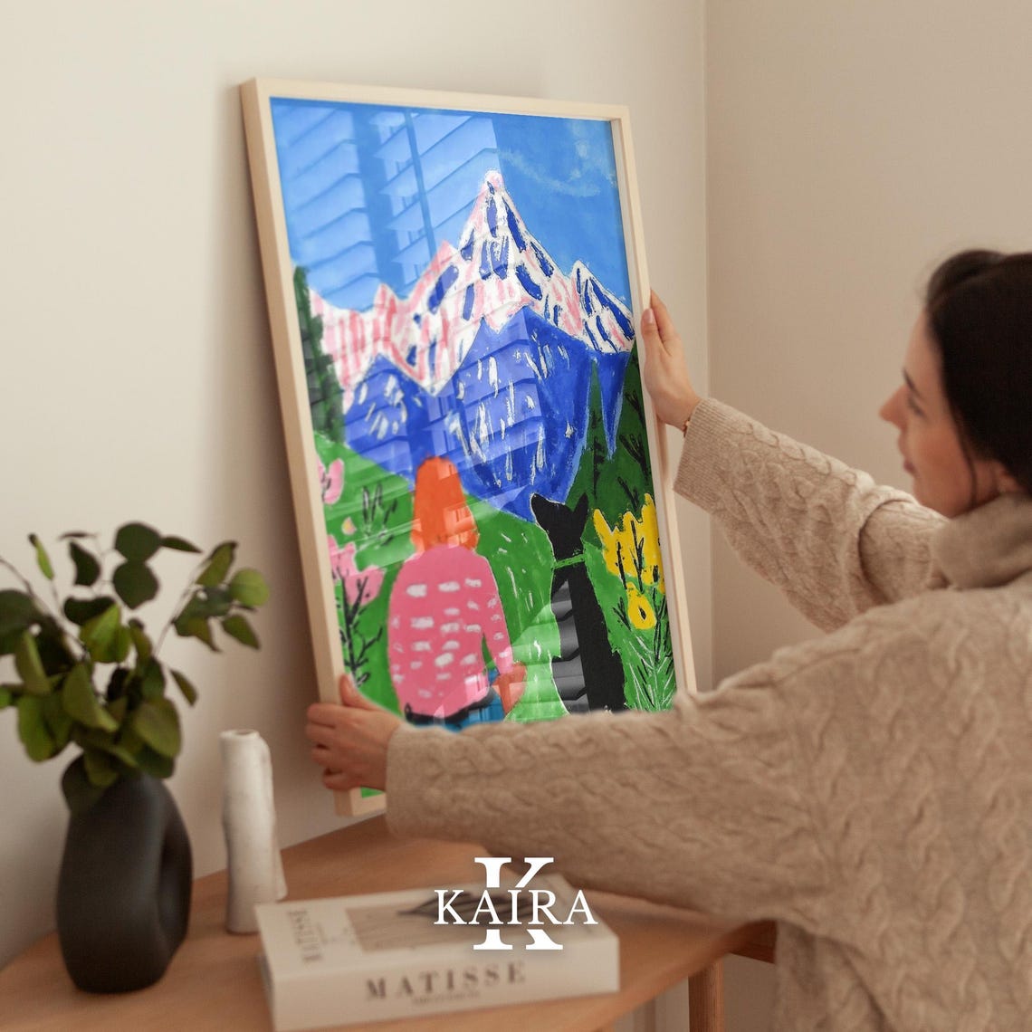 Woman and Dog Watching Snowy Mountains From a Flower Meadow Poster - Image 2