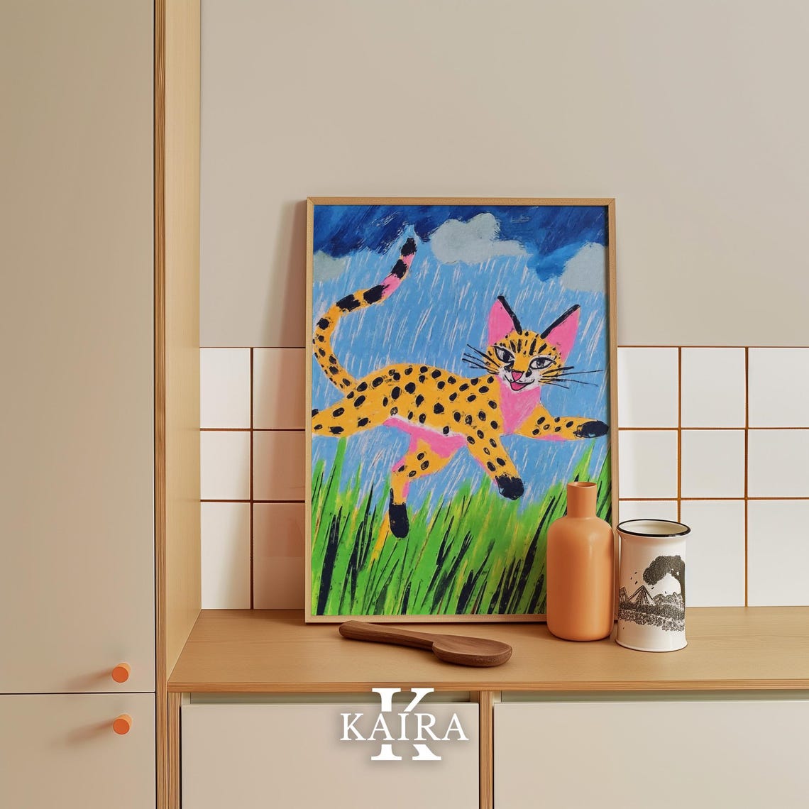 Spotted Wild Cat Leaping Through the Rain Over Tall Grass Poster - Image 5