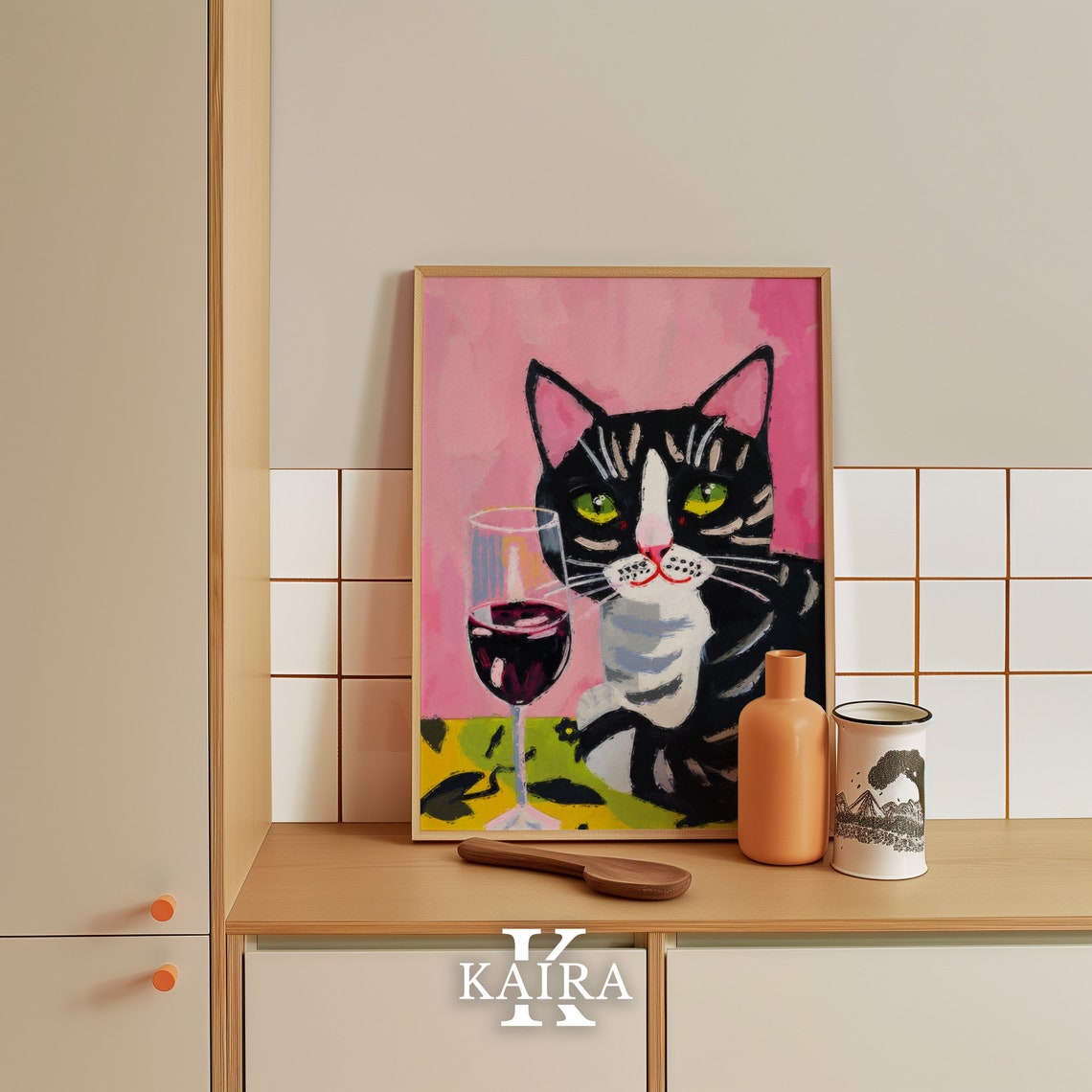 Black Tabby Cat With Green Eyes And A Glass Of Red Wine Poster - Image 2