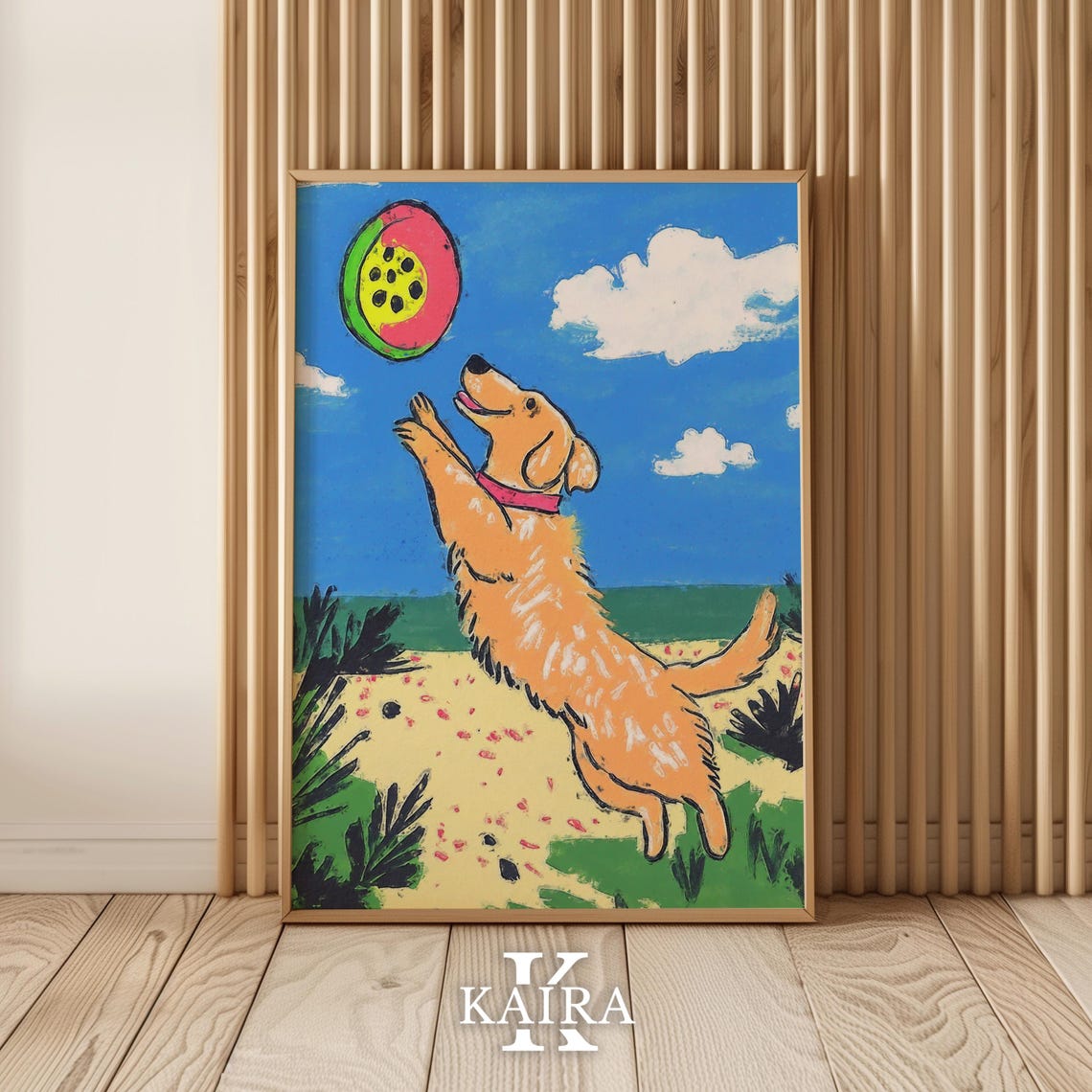 Golden Retriever Catching a Frisbee on a Sunny Summer Beach Poster