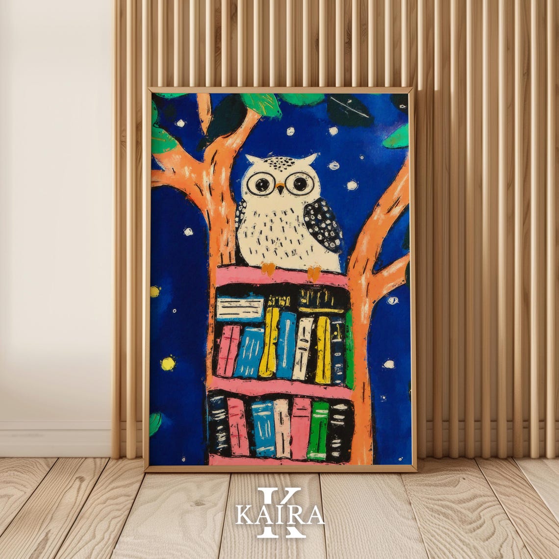 Wide-Eyed White Owl Perched on a Colorful Bookshelf at Night Poster - Image 5