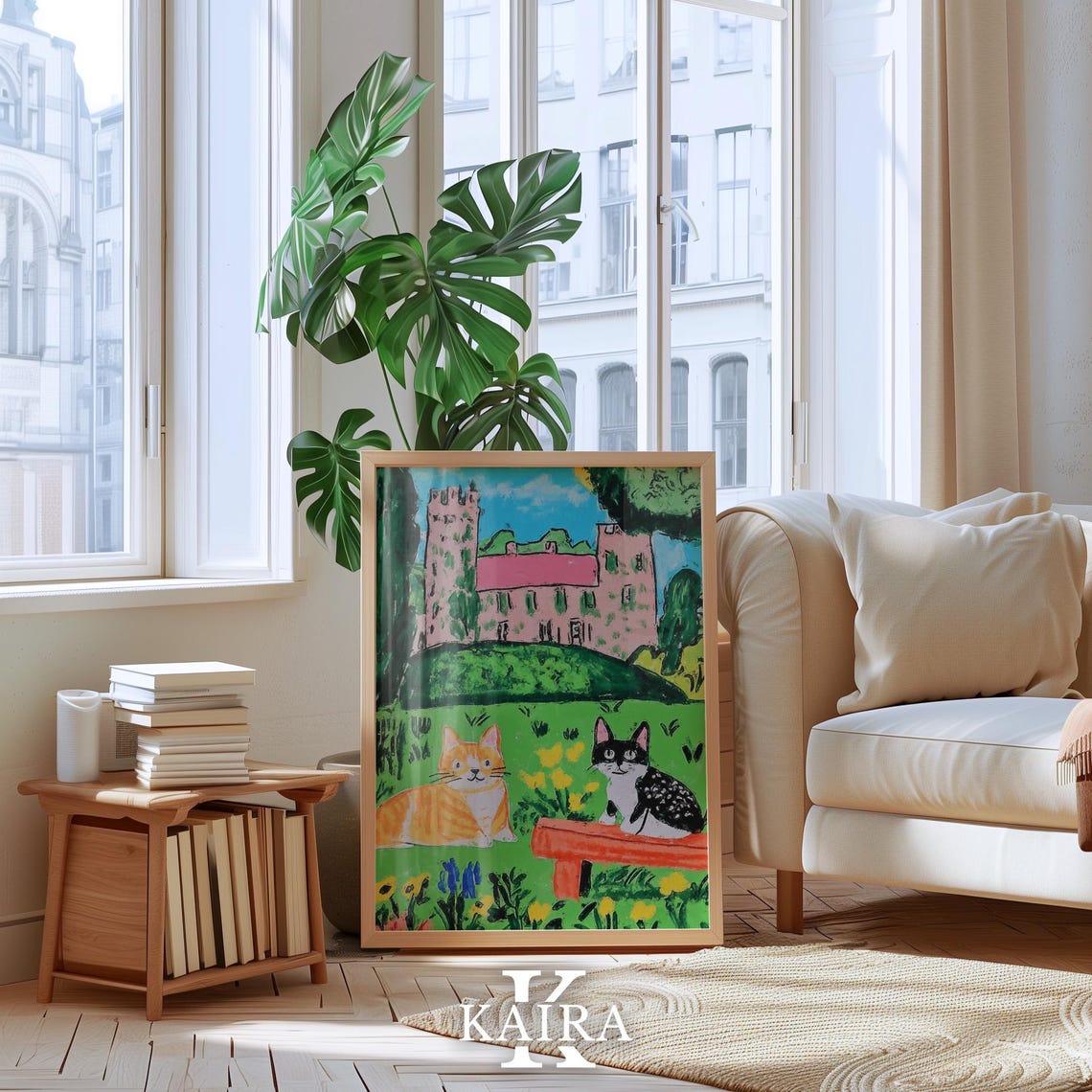 Two Cute Cats Relaxing in a Garden With a Pink Castle Poster - Image 4