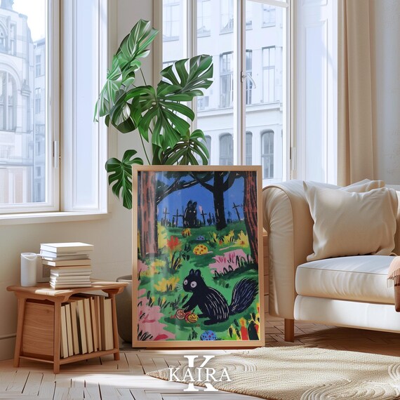 Spooky Black Squirrel Wandering a Moonlit Forest Graveyard Poster