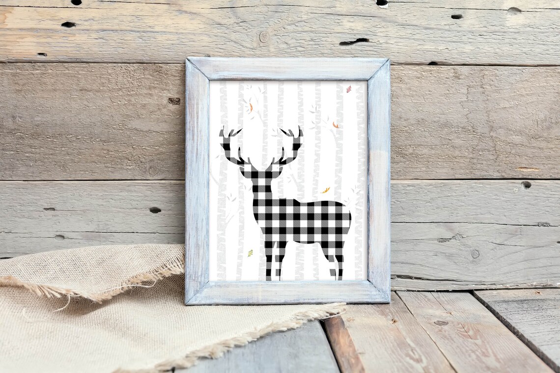 Buffalo Plaid Deer Silhouette Birch Forest Autumn Farmhouse Poster - Image 2