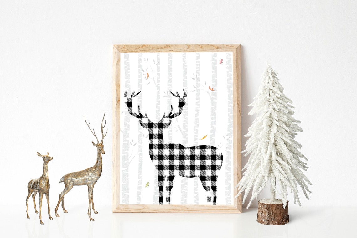 Buffalo Plaid Deer Silhouette Birch Forest Autumn Farmhouse Poster - Image 3
