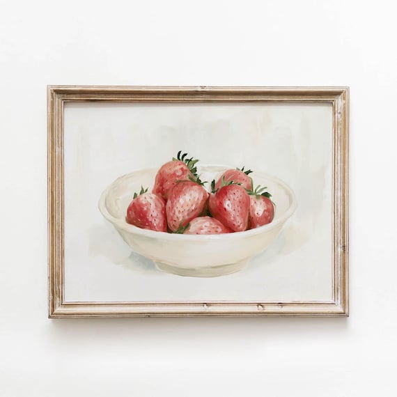 Strawberry Bowl Still Life Print Printable Kitchen Wall Art Vintage Cottage Decor Farmhouse Painting Neutral Background Digital Download 750