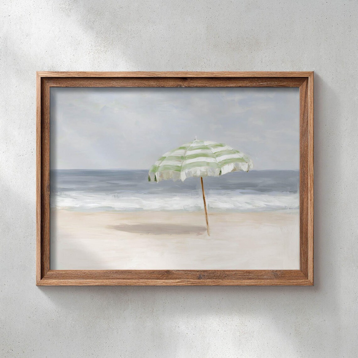 Green Striped Beach Umbrella Sandy Shore Serene Seascape Poster
