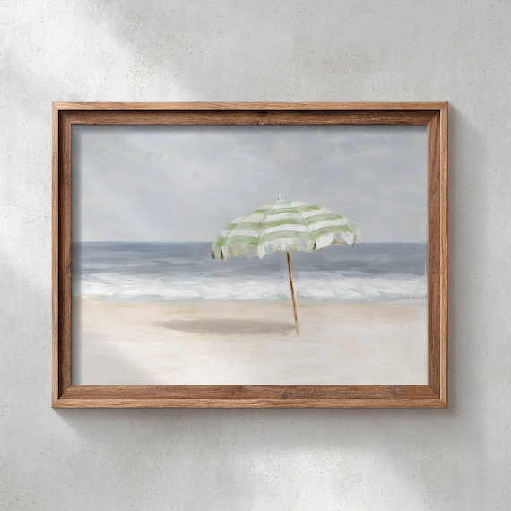 Green Striped Beach Umbrella Sandy Shore Serene Seascape Poster
