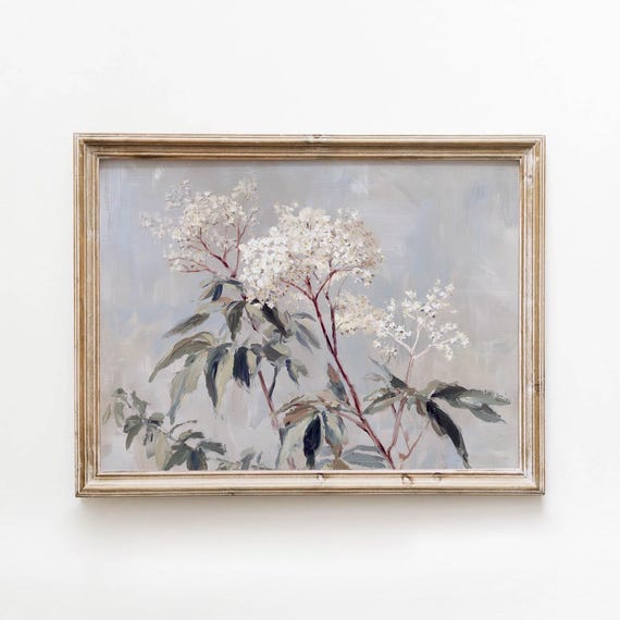Vintage White Flowering Branch Printable Cool Gray Blue Wall Art Cottage Botanical Decor Digital Download 581