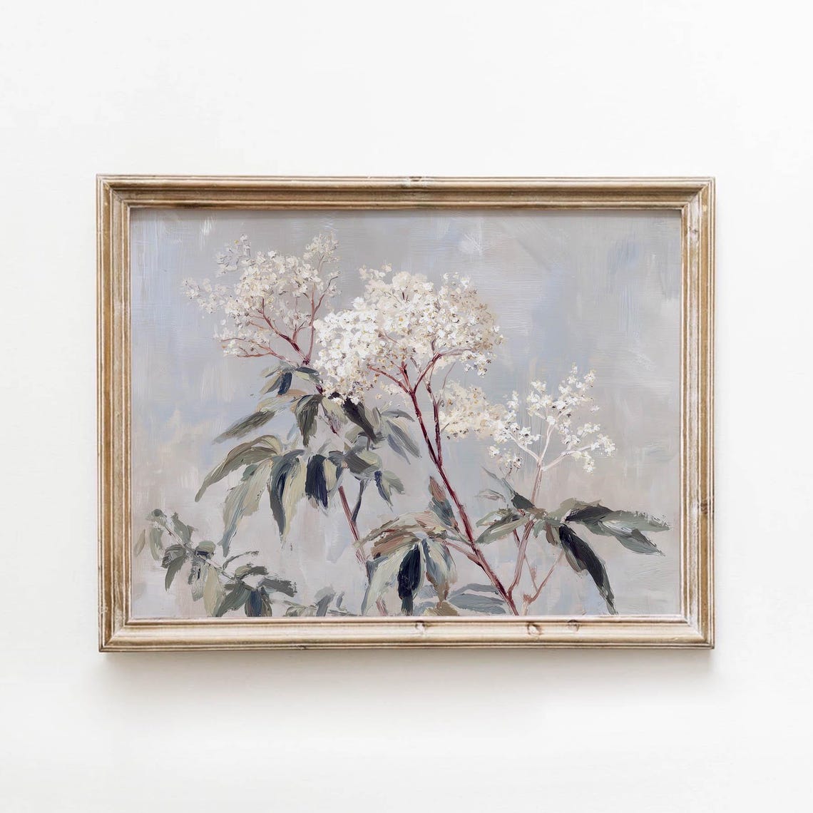 White Blossom Branch Cool Grey Blue Vintage Botanical Poster