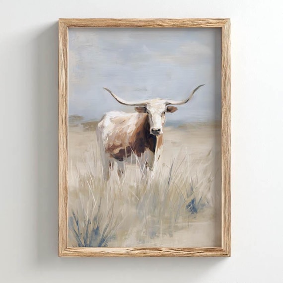 Texas Longhorn Standing In Dry Prairie Grass Muted Western Poster