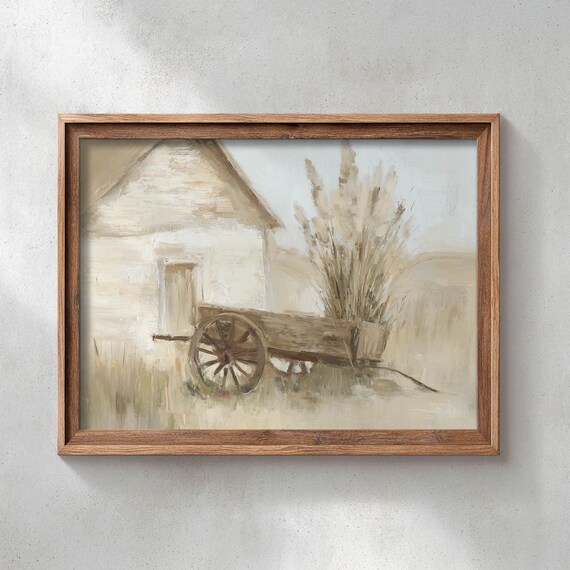 Printed Rustic Wagon By Farmhouse Dried Pampas Grass Beige Tan Cream Cottagecore Countryside Oil Painting Neutral Decor P560 0560