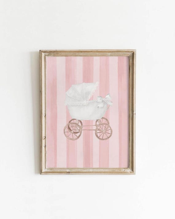 White Baby Carriage Pink Coquette Printable Wall Art Girly Nursery Decor Preppy Aesthetic Dorm Print Feminine Soft Pastel Digital Download
