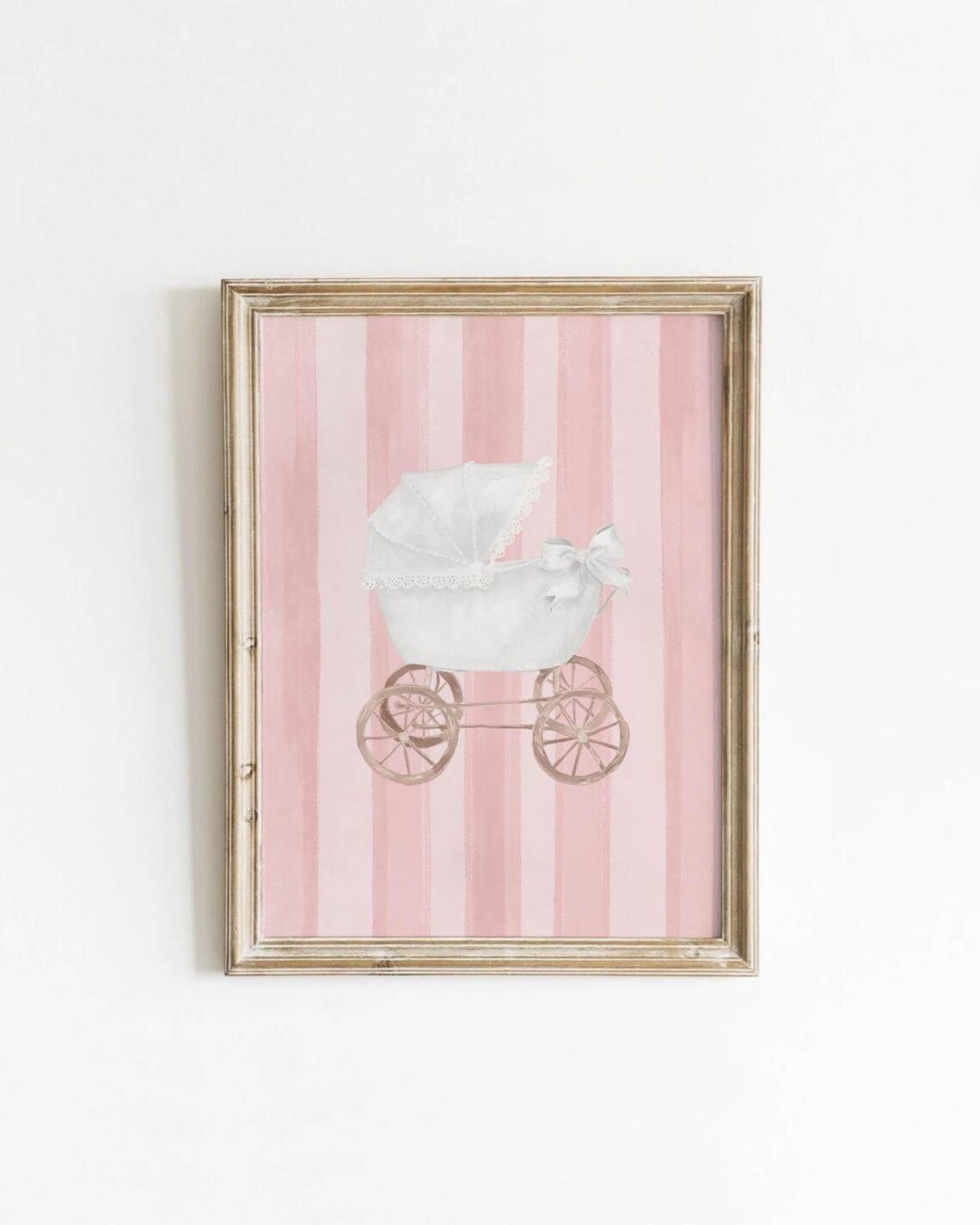 White Baby Pram Pink Stripes Nursery Watercolor Baby Girl Poster