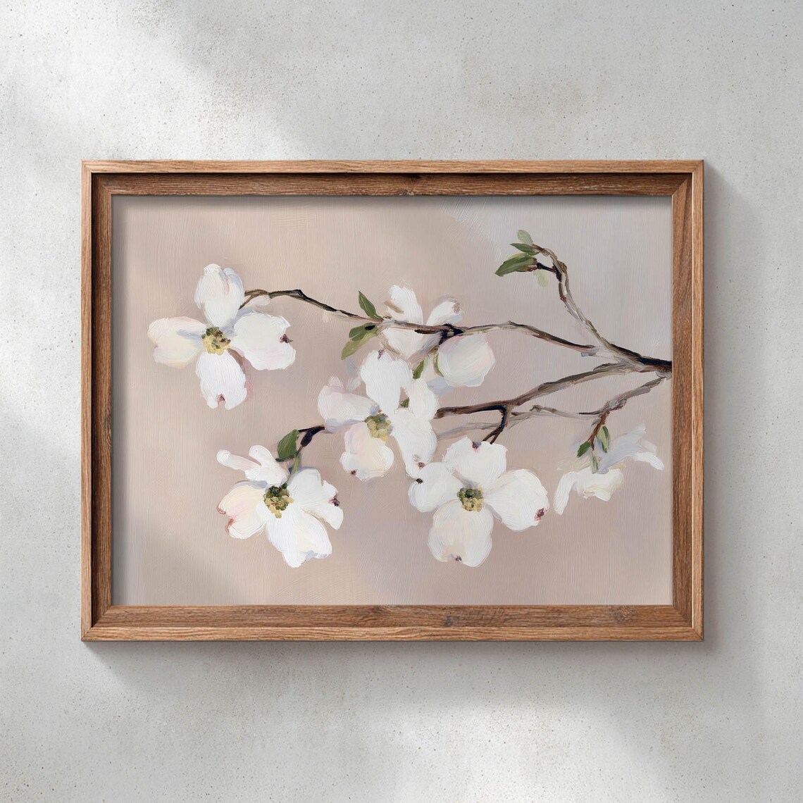 White Dogwood Blossoms Branch Blush Beige Vintage Botanical Poster