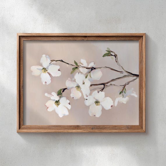 Printed White Dogwood Blossoms On Delicate Branch Soft Greige Background Neutral Spring Botanical Oil Painting Bedroom Wall Art 0593